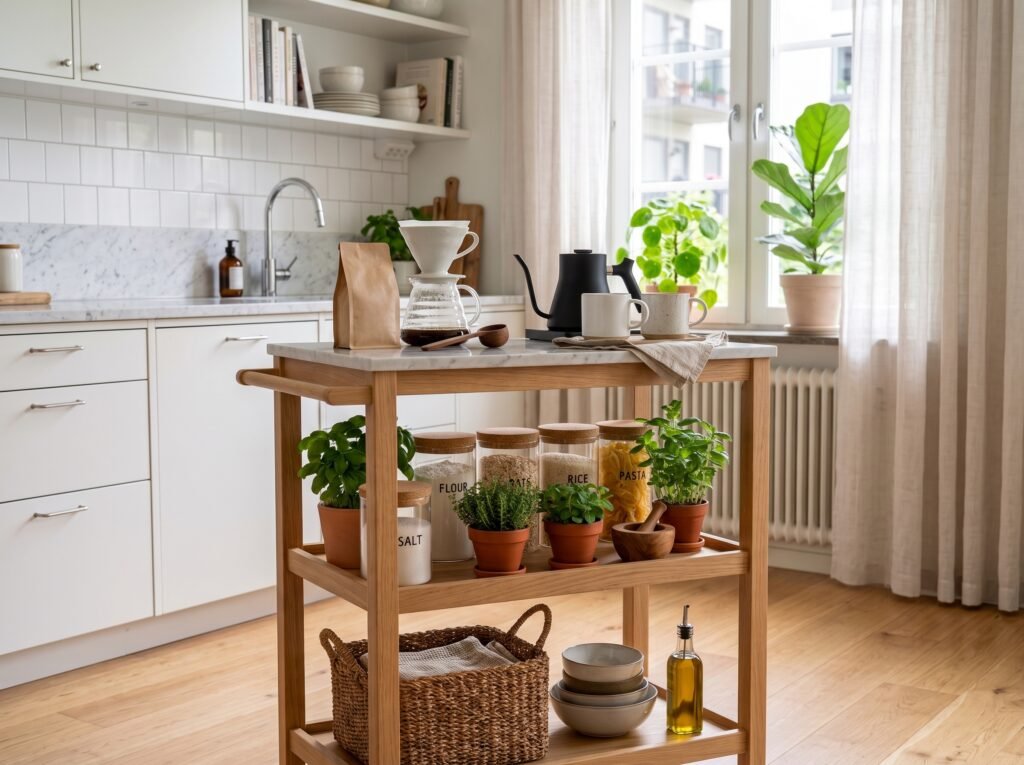 Kitchen cart with organized jars 202607261645